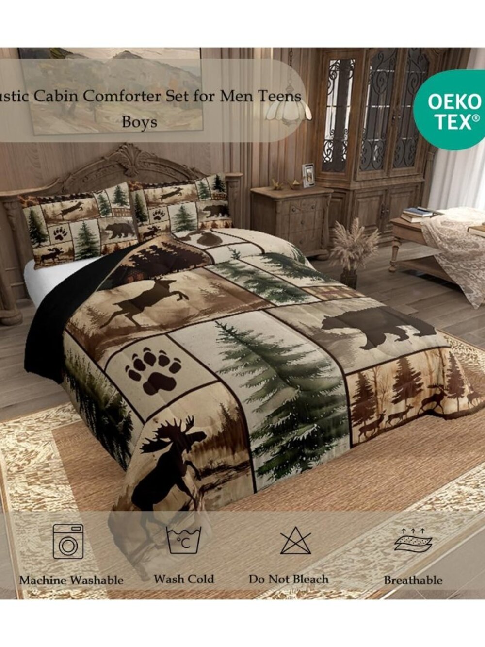 Western Rustic Bear Deer Comforter Set Queen Size, Country Farmhouse Duvet